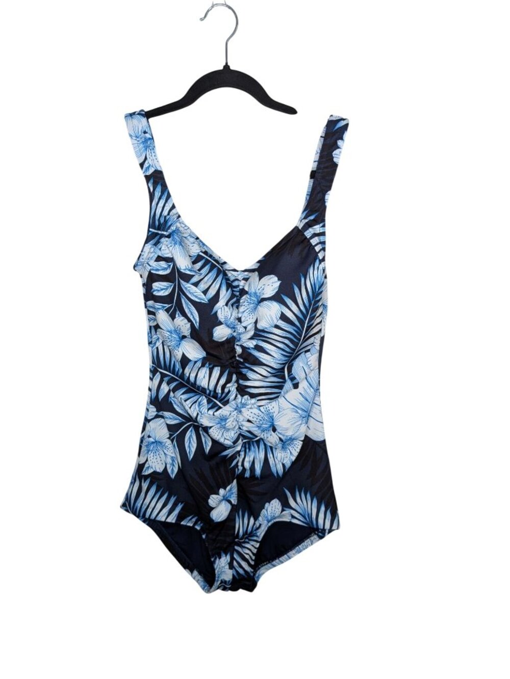 Maxine Of Hollywood Womens 14 One-Piece Swimsuit Blue Tropical Floral Ruched